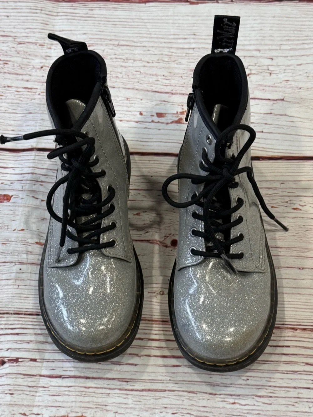 Dr Martens Docs Zavala J Combat Boots in Silver Glitter Sz 2
